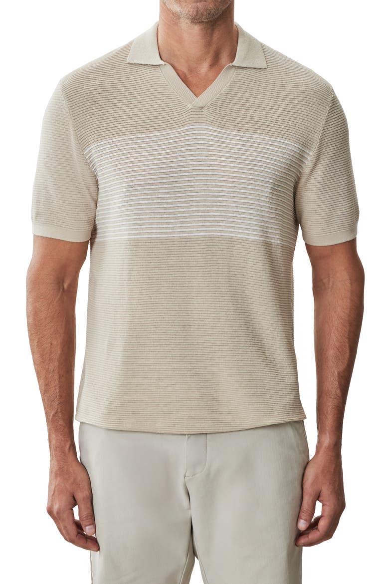 Orion Stripe Silk & Linen Johnny Collar Polo, Main, color, TAN