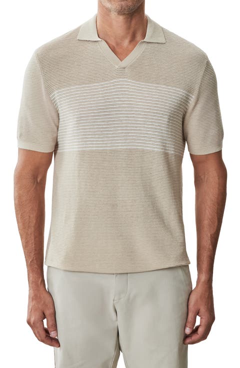 Orion Stripe Silk & Linen Johnny Collar Polo