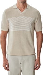 Robert Barakett Orion Stripe Silk & Linen Johnny Collar Polo