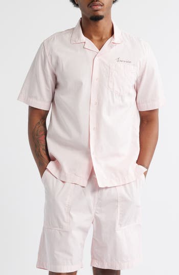 Service Works Script Embroidered Cotton Camp Shirt In Pink