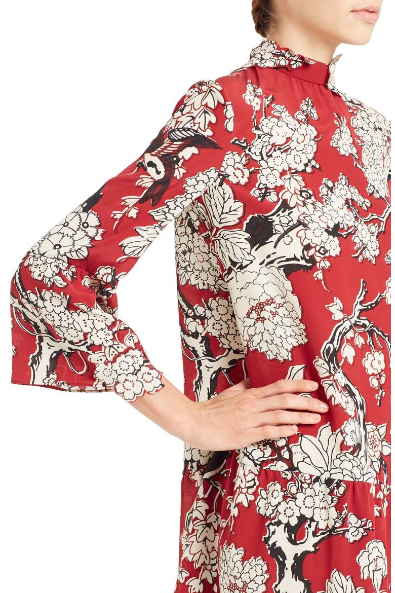 'Enchanted' Floral Print Stretch Silk Dress, Alternate, color, DEEP RED