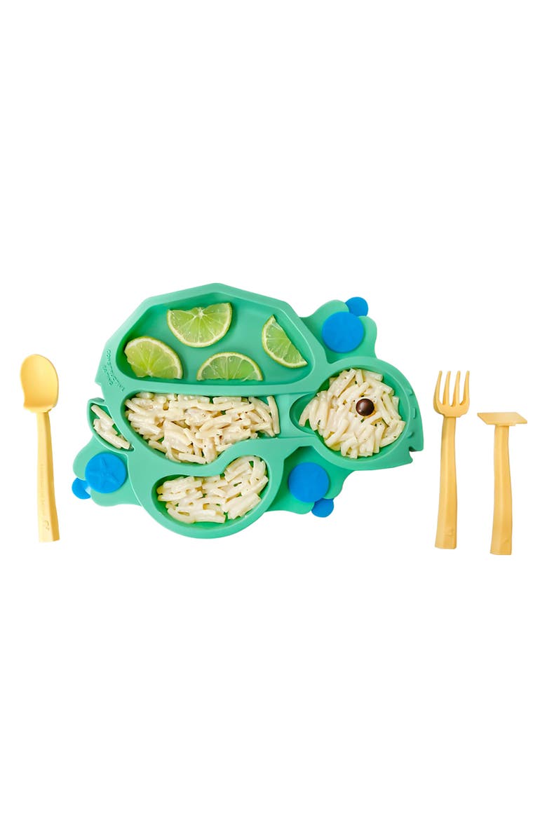 Constructive Eating Turtle Theme Divided Suction Training Plate and Utensils for Kids and Toddlers, Alternate, color, Green