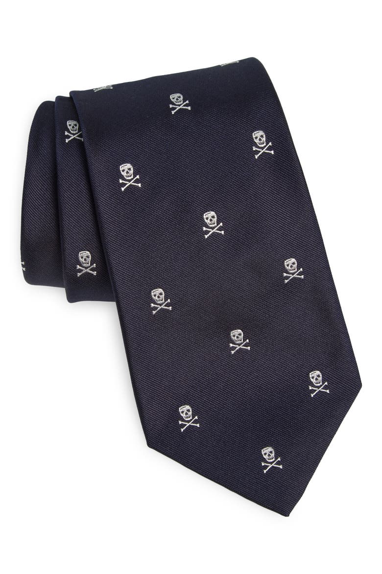 Skull & Crossbones Embroidered Silk Tie, Main, color, NAVY