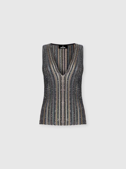 Ribbed Top With Sequins And V-neck