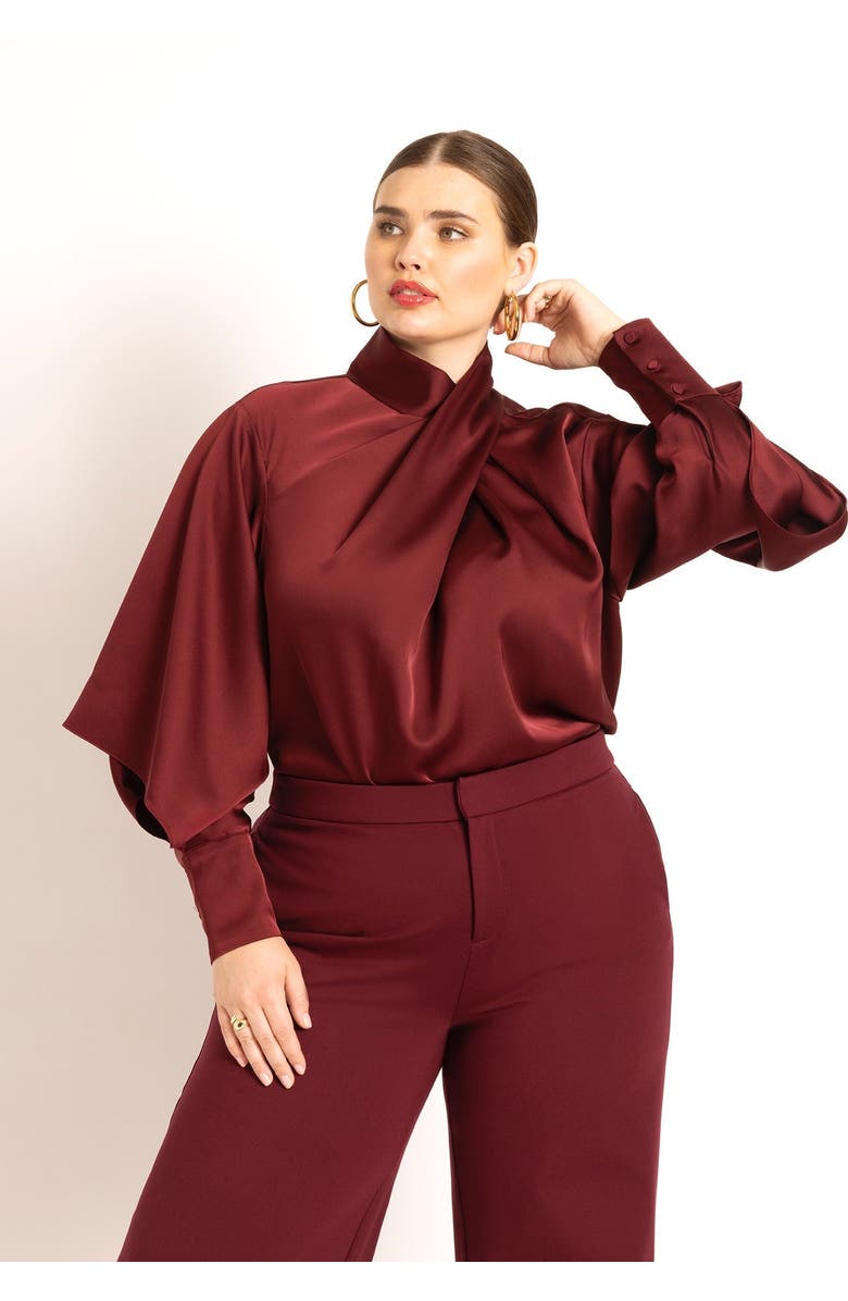 ELOQUII Draped Neck Satin Blouse, Main, color, Zinfandel
