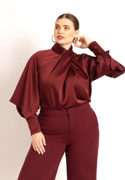 Draped Neck Satin Blouse (Plus Available)