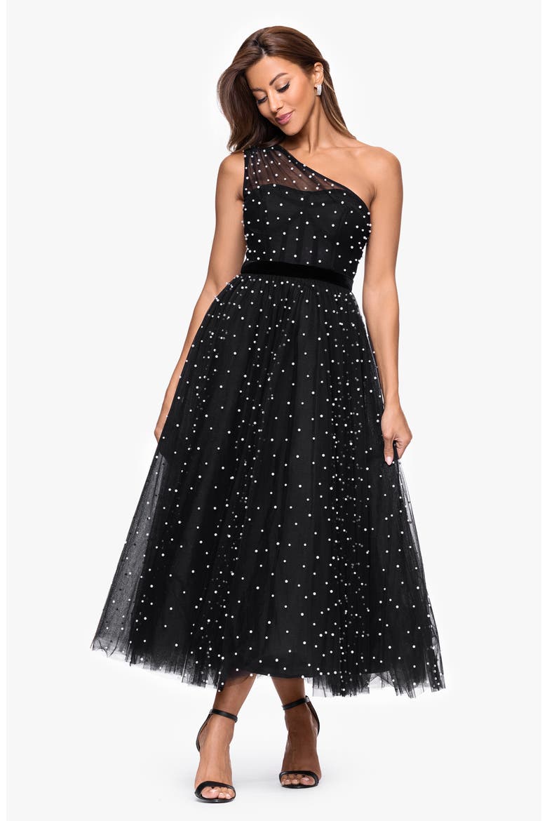 Faux Pearl One-Shoulder Tulle Cocktail Dress, Alternate, color, BLACK