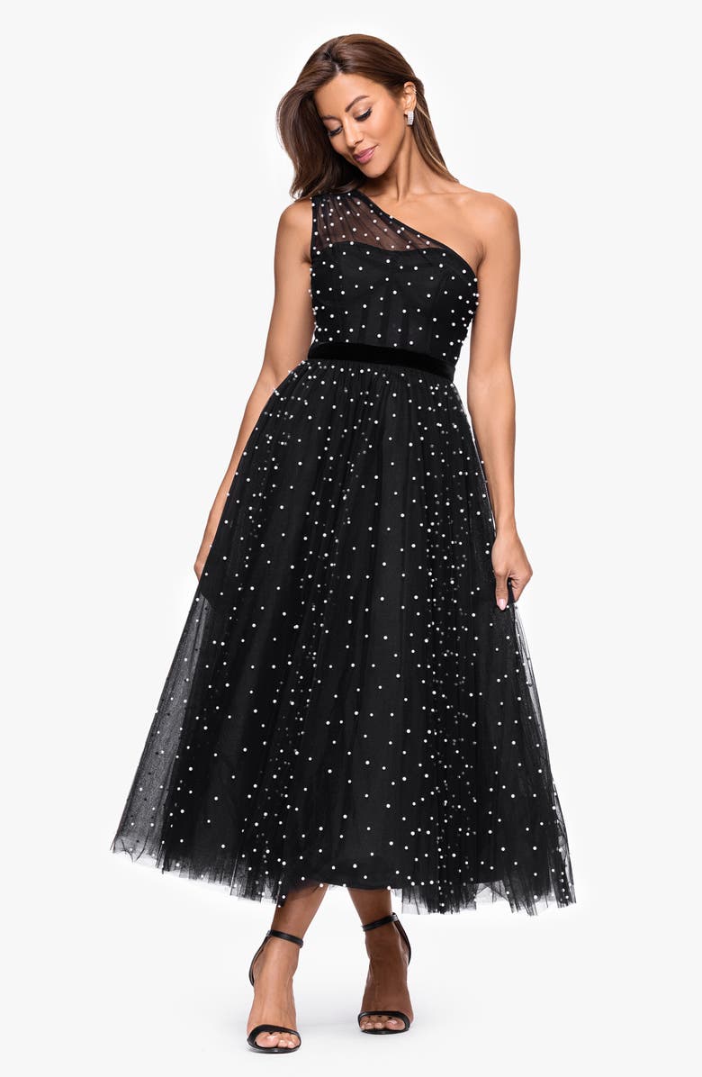 Betsy & Adam Faux Pearl One-Shoulder Tulle Cocktail Dress, Alternate, color, Black