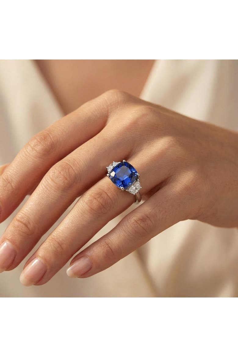 8.50Ct TW Cushion Blue Sapphire & Diamond 3-Stone Ring 14k Gold Lab Grown, Alternate, color, 14k White Gold