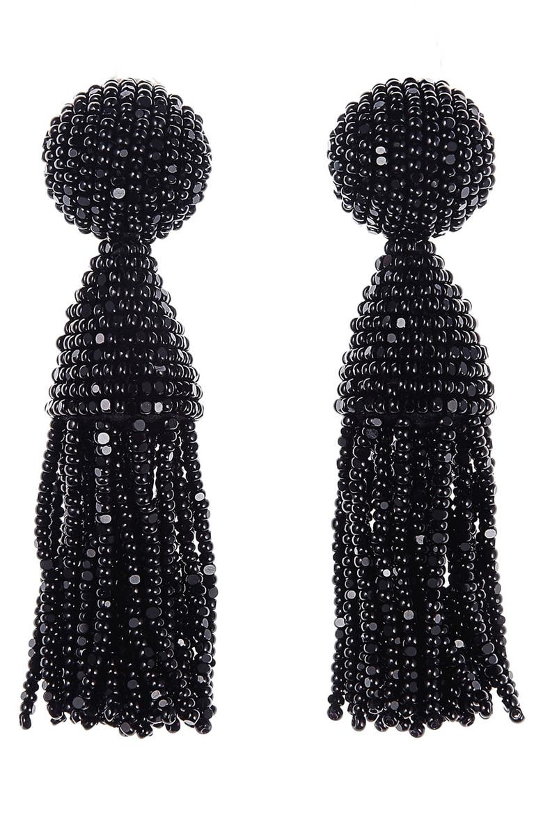 Classic Short Tassel Drop Clip Earrings, Main, color, BLACK