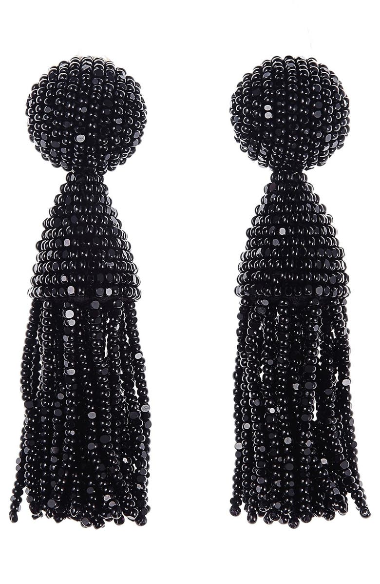 Oscar de la Renta Classic Short Tassel Drop Clip Earrings, Main, color, Black