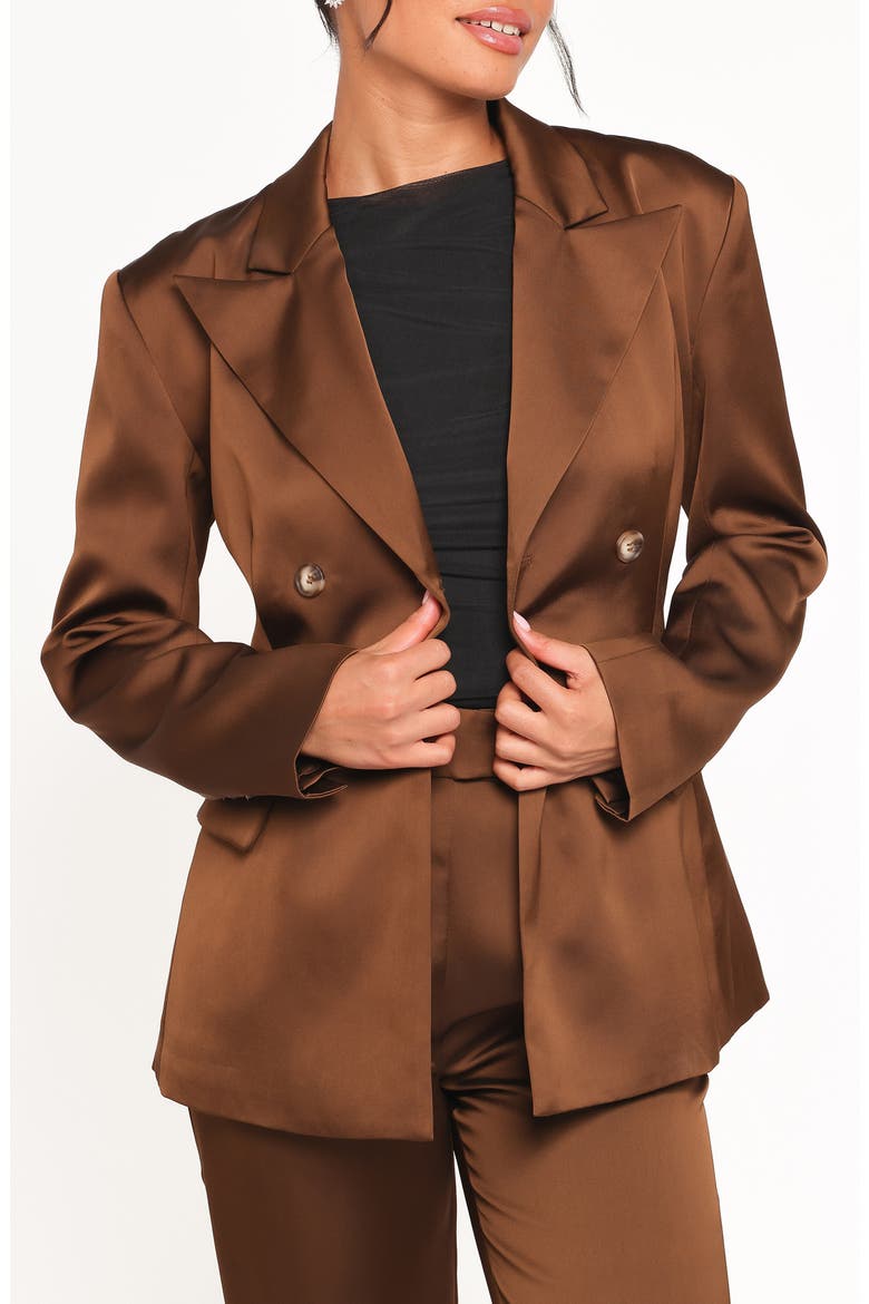 Trina Double Breasted Satin Blazer, Main, color, BROWN