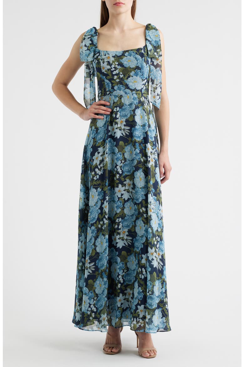 Pearl Floral Chiffon Gown, Main, color, PACIFIC BLUE PETALS