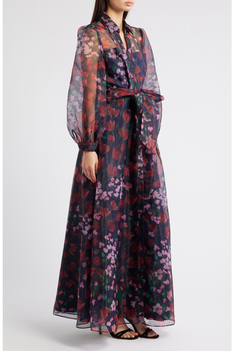 Floral Long Sleeve Organza Shirtdress Gown, Alternate, color, NAVY MULTI
