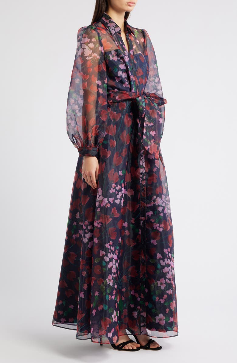 Julia Jordan Floral Long Sleeve Organza Shirtdress Gown, Alternate, color, Navy Multi