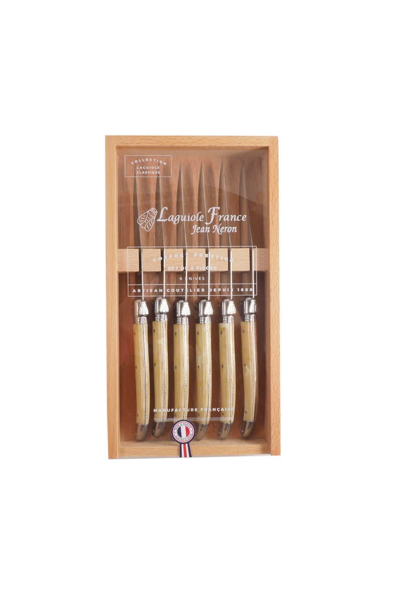 6 Piece Steak Knife Set, Platine Pale Horn in Wood Box with Acrylic Lid, Main, color, Beige