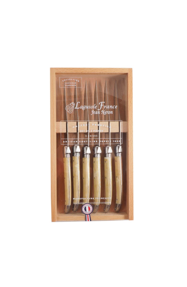 Be Home Laguiole 6 Piece Steak Knife Set, Platine Pale Horn in Wood Box with Acrylic Lid, Main, color, Beige