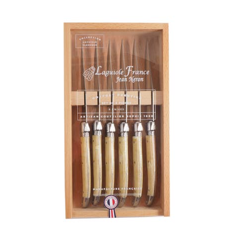 6 Piece Steak Knife Set, Platine Pale Horn in Wood Box with Acrylic Lid