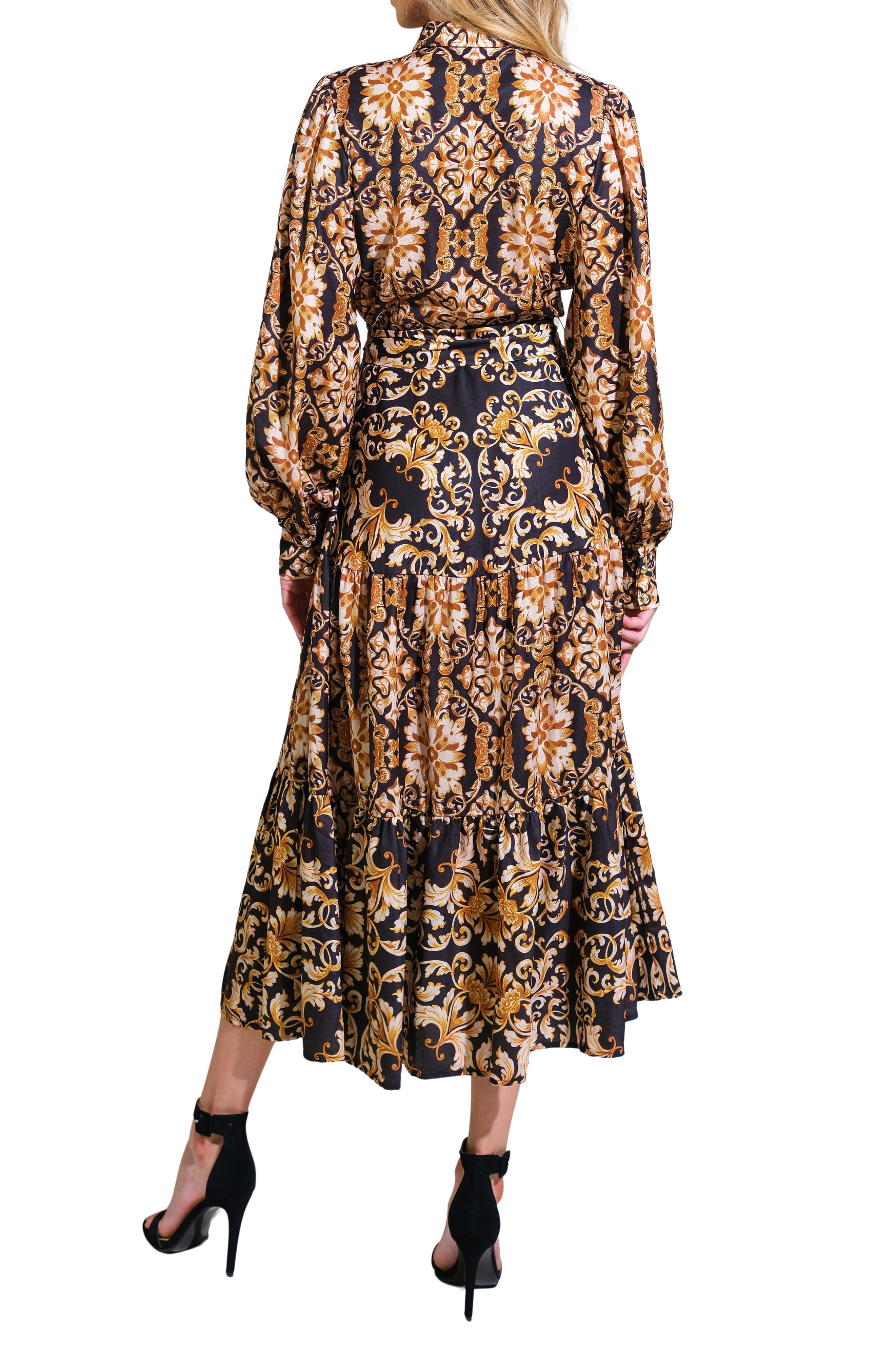 Print Long Sleeve Tiered Midi Shirtdress - image 2