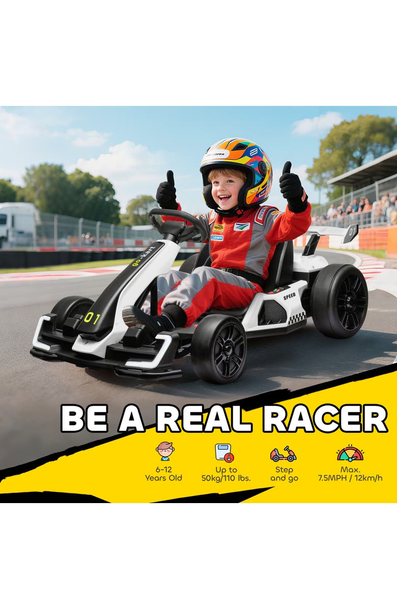 Aosom 24V 7.5 MPH Drifting Electric Go Kart with Adjustable Seat Slow Start Button Start Music Horn Lights, Alternate, color, White