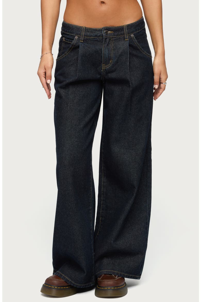 Pleated Low Rise Wide Leg Jeans, Main, color, DARK-BLUE-WASHED