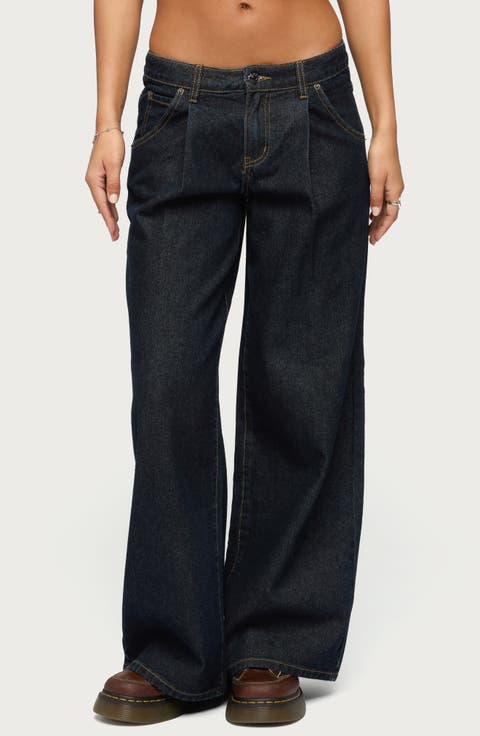 Pleated Low Rise Wide Leg Jeans