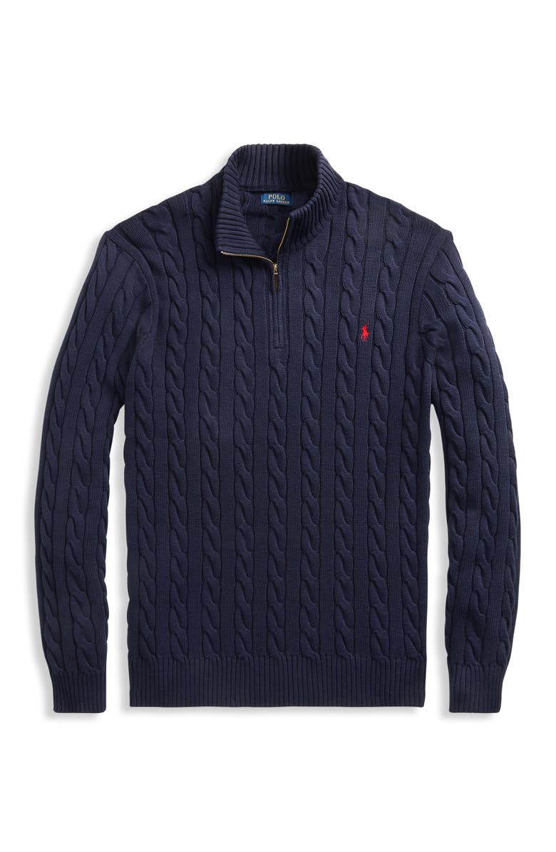 Polo Ralph Lauren Big & Tall Cable Knit Cotton 1/4-Zip Sweater, Alternate, color, Hunter Navy