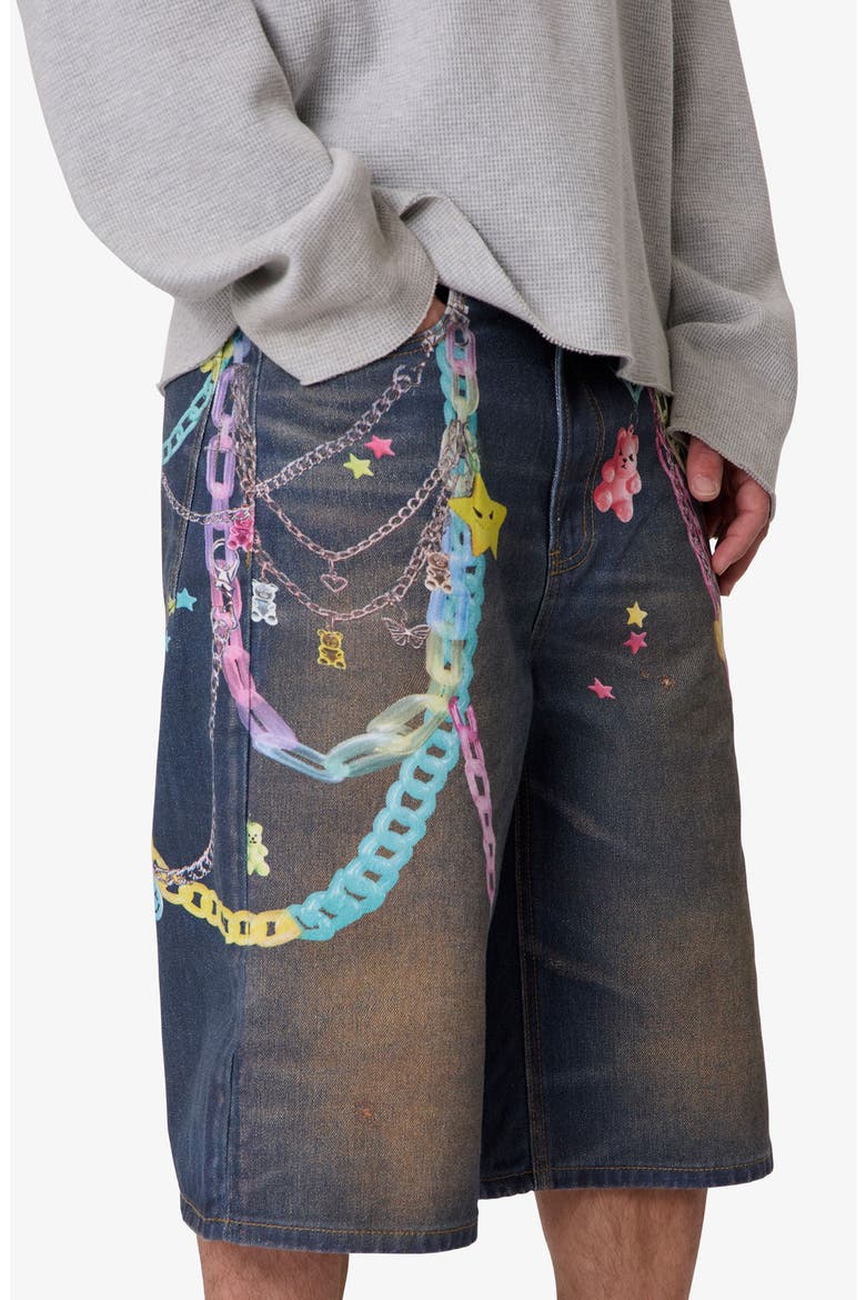 Ultra Baggy Chain Print Denim Shorts, Alternate, color, BLUE