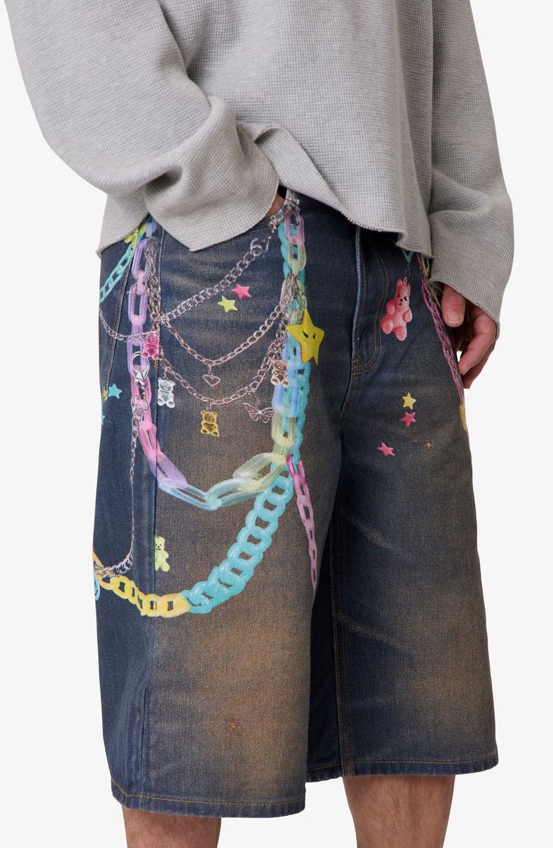mnml Ultra Baggy Chain Print Denim Shorts, Alternate, color, Blue