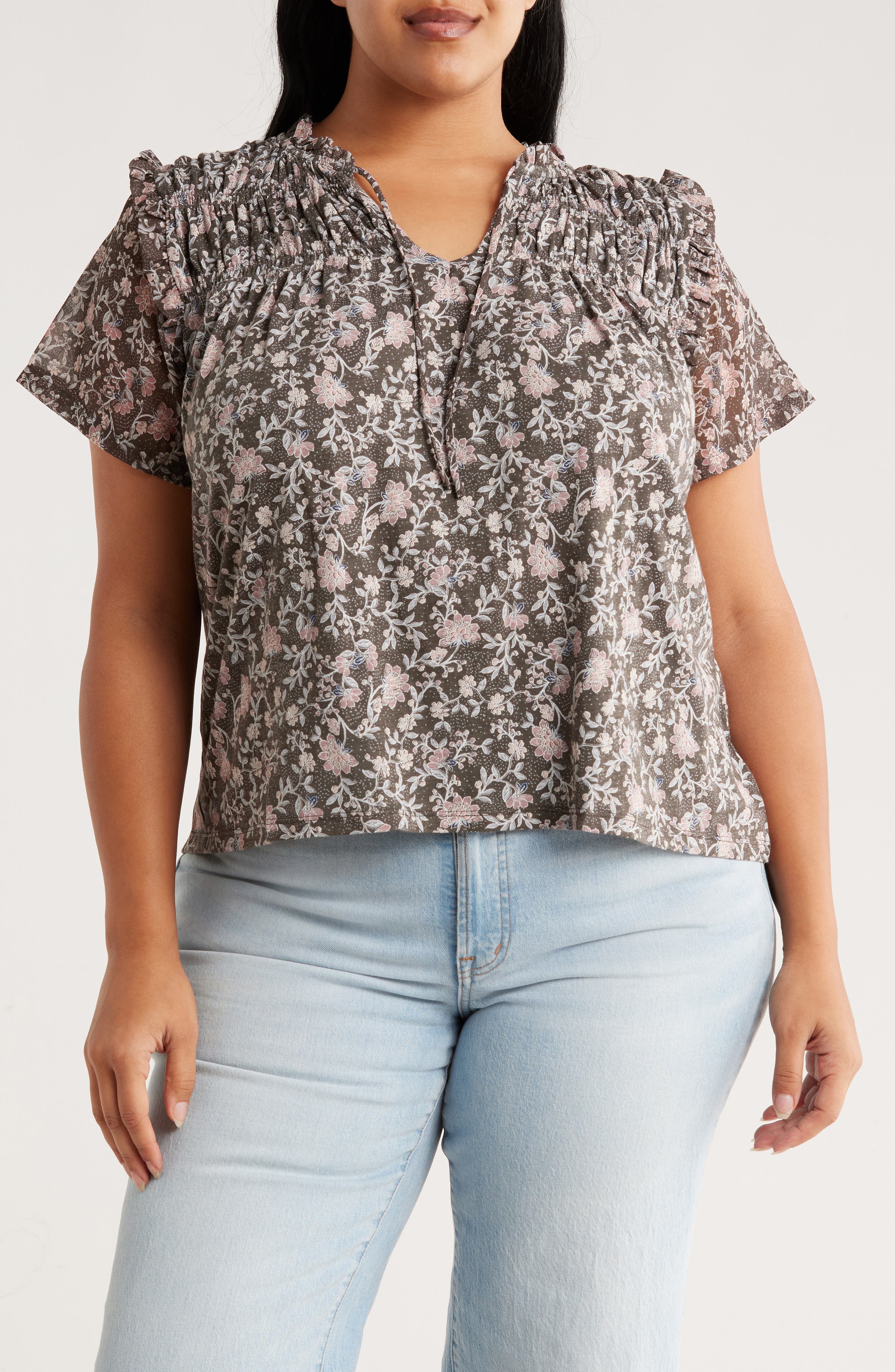 Lucky Brand Floral Flutter Sleeve Cotton Blend Top