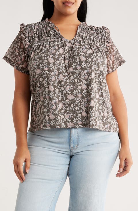 Floral Flutter Sleeve Cotton Blend Top (Plus)