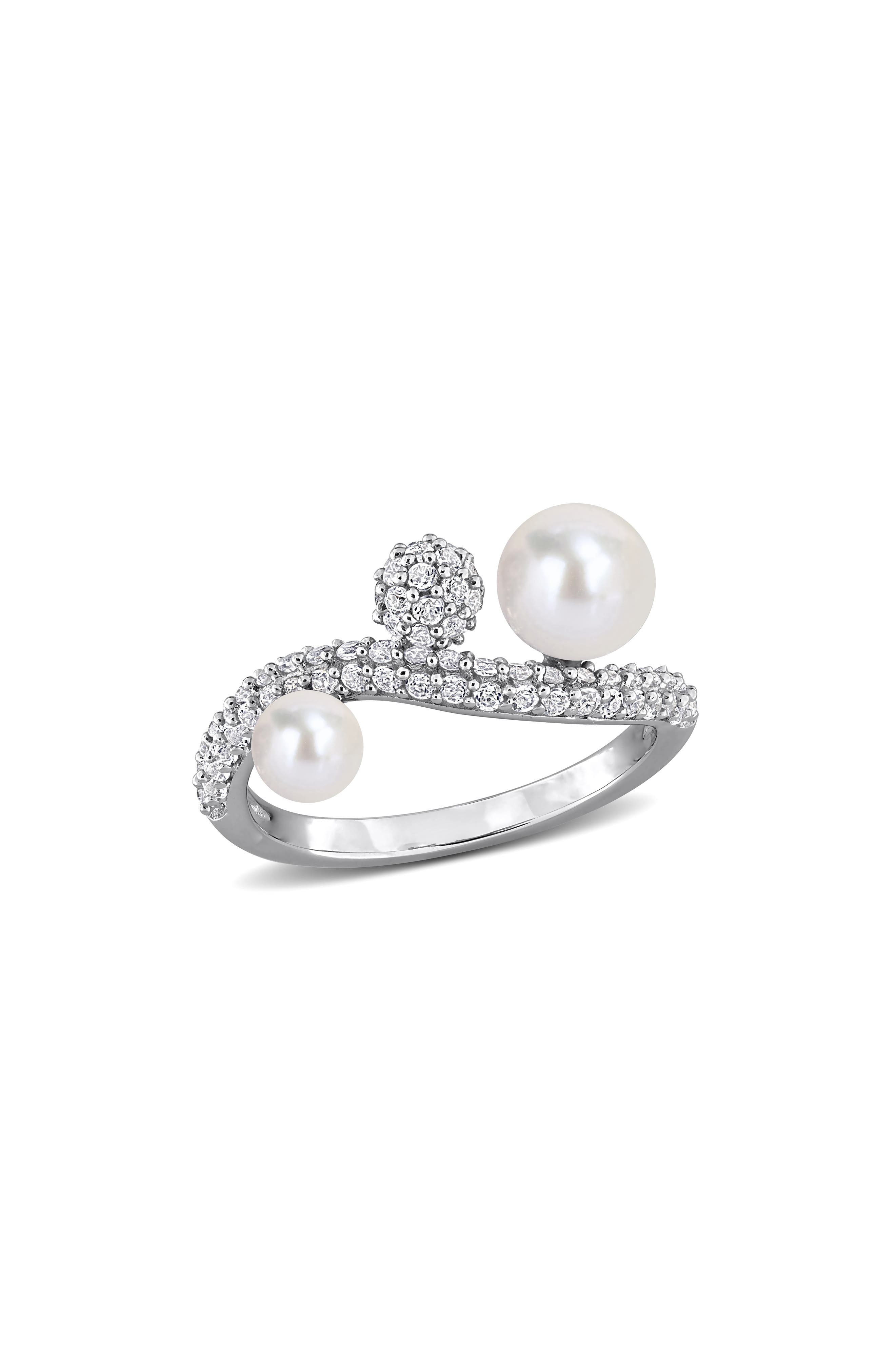 DELMAR White Topaz Pavé & Cultured Freshwater Pearl Ring