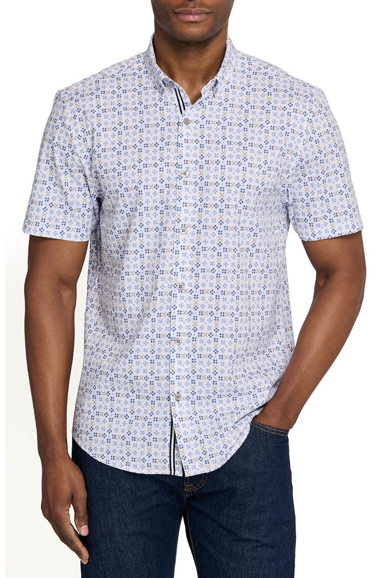 Park Slope Petals Short Sleeve Button Down Performance Shirt, Main, color, WHITE/BLUE