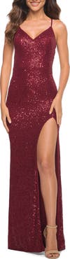 La Femme Long Stretch Sequin Dress in Jewel Tones with Open Back