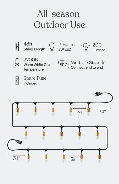 Brightech Glow Series Weatherproof Led Brass Socket Heavy Duty Outdoor String Lights In 48 Ft 15 Bulbs | Soft White