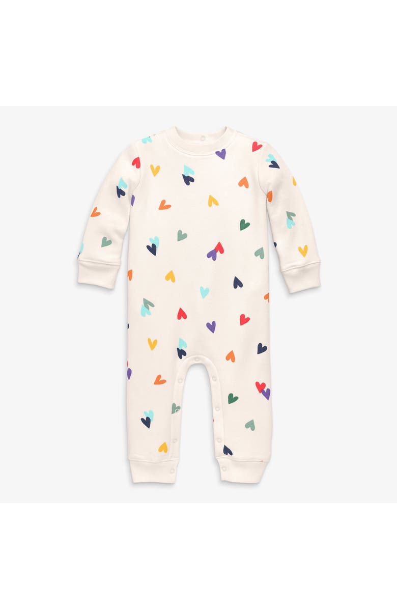 Primary Baby Cozy Fleece Sweatshirt Romper In Rainbow Confetti Hearts, Main, color, Oat