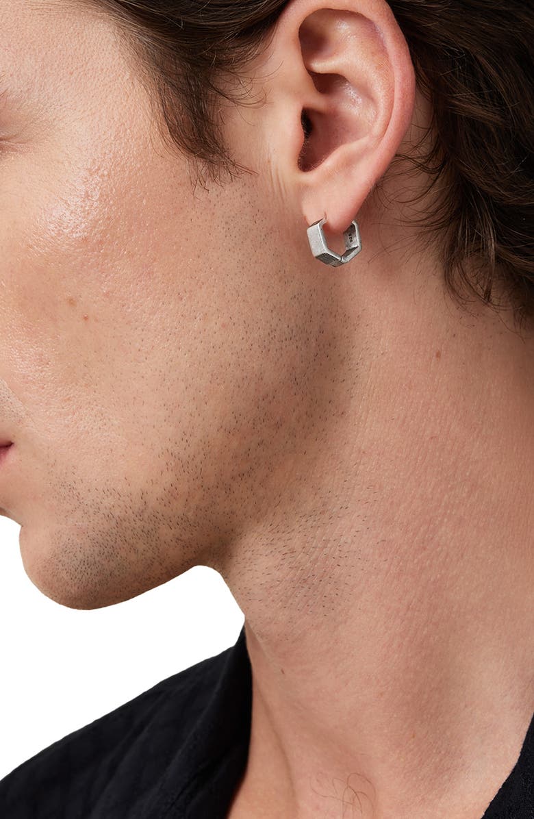 AllSaints Men's Hexagonal Ridge Single Huggie Hoop Earring, Alternate, color, Warm Silver