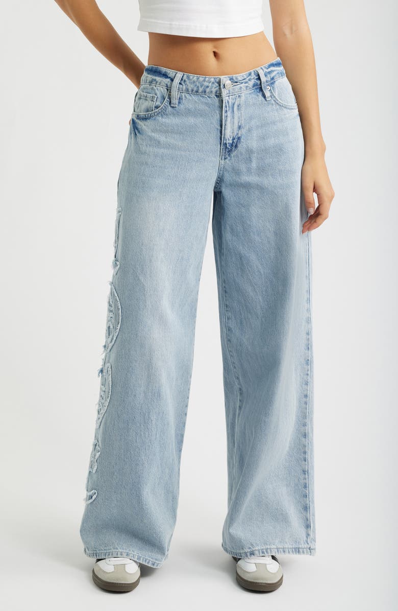 YMI Joey Super Wide Leg Jeans with Love Appliqué, Main, color, Light Blue