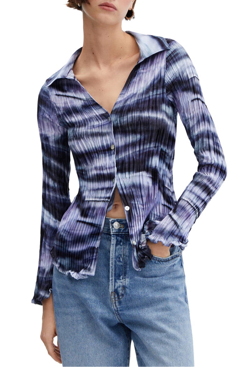 Tie Dye Pleated Button-Up Shirt, Main, color, BLUE