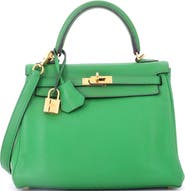 Pre-Owned Hermes Kelly Handbag Green Swift with Gold Hardware 25
