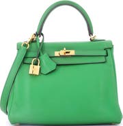 Pre-Owned Hermes Kelly Handbag Green Swift with Gold Hardware 25