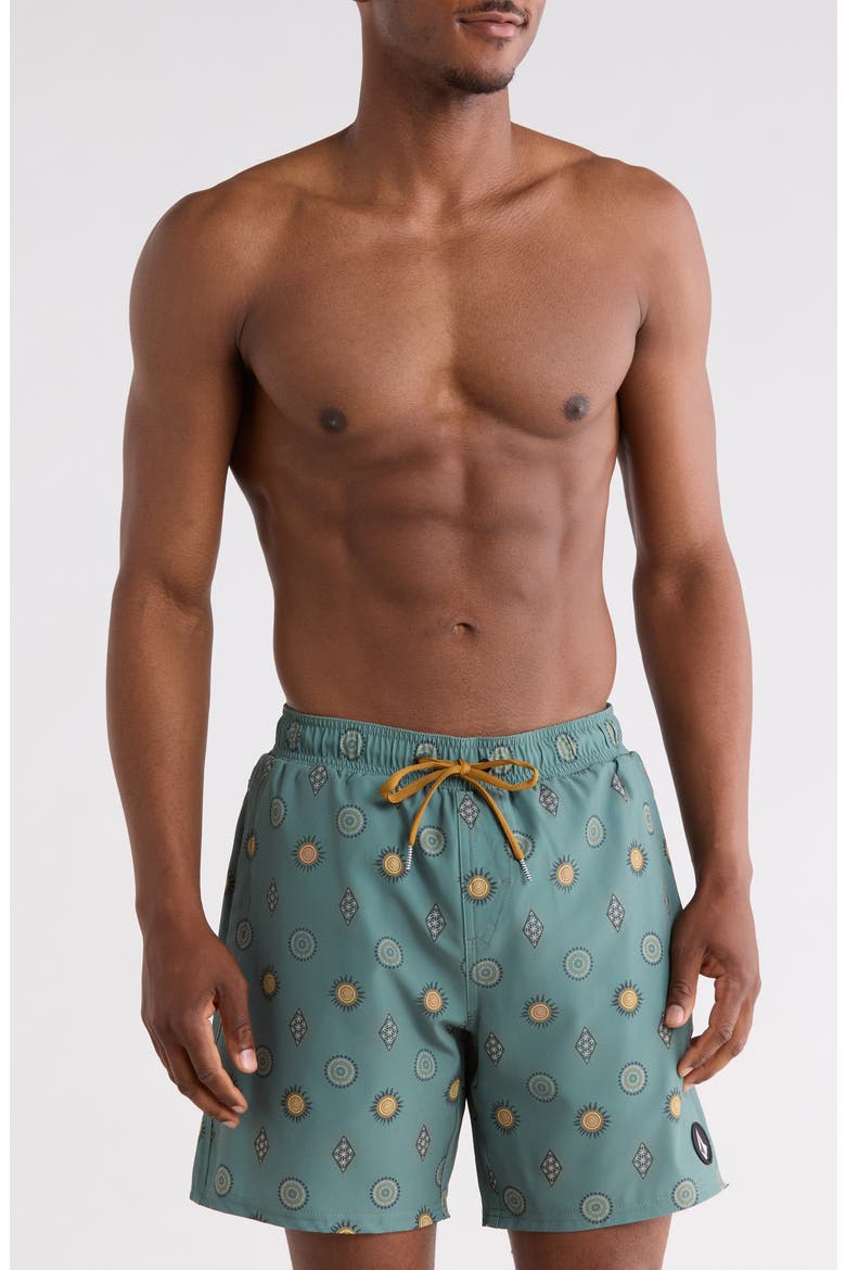 Manic Print Swim Trunks, Main, color, LIGHT OLIVE