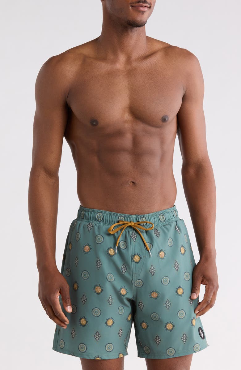 Volcom Manic Print Swim Trunks, Main, color, Light Olive