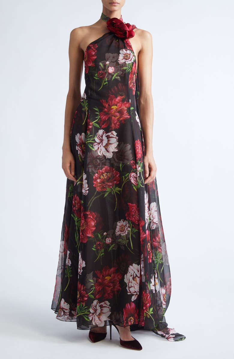 Oscar de la Renta Peony Print Silk Chiffon Halter Gown, Main, color, Brown Multi