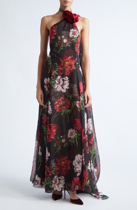 Peony Print Silk Chiffon Halter Gown