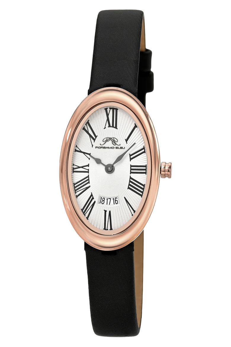 Women's Eloise Oval Guilloche Dial Leather Watch, Main, color, WHITE/ ROSE GOLD/ BLACK