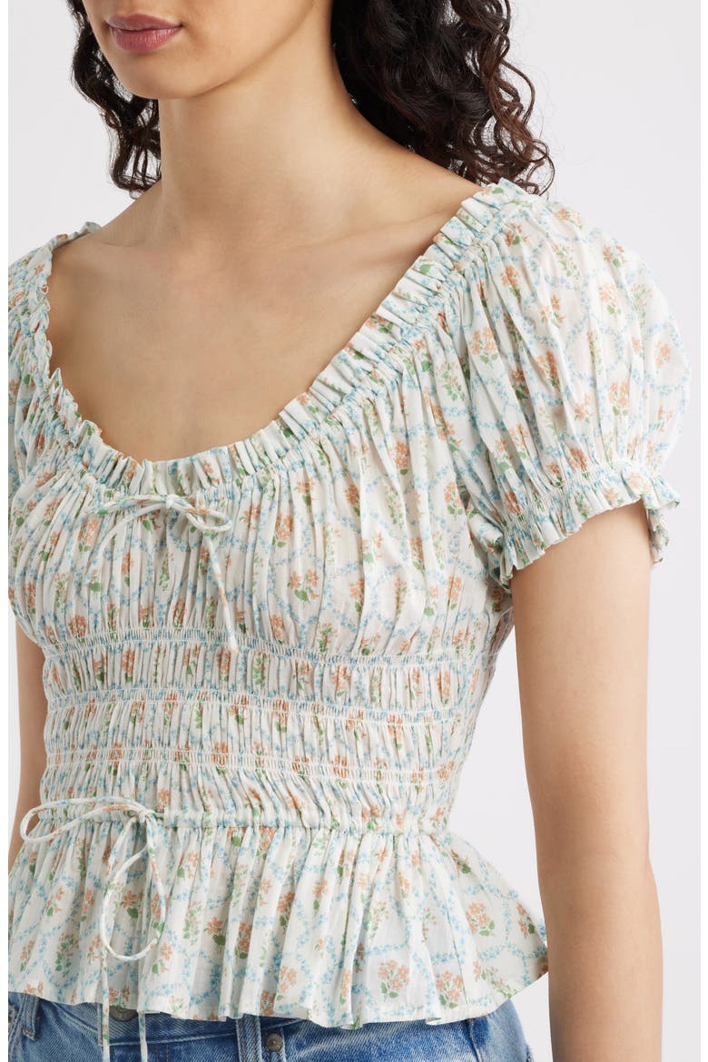 Serena Ditsy Floral Shirred Peplum Top, Alternate, color, PEACH PEONY