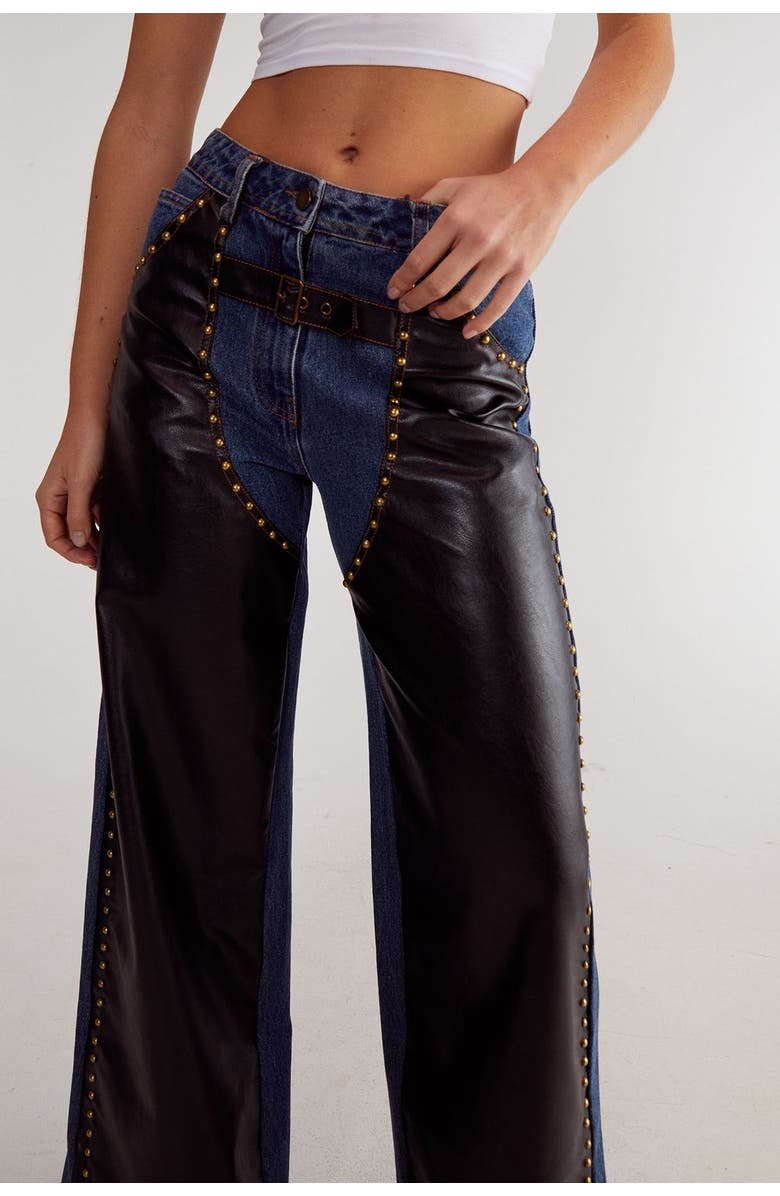 NASTY GAL Straight Leg Denim Pu Mix Chap Jeans, Alternate, color, Dark Wash