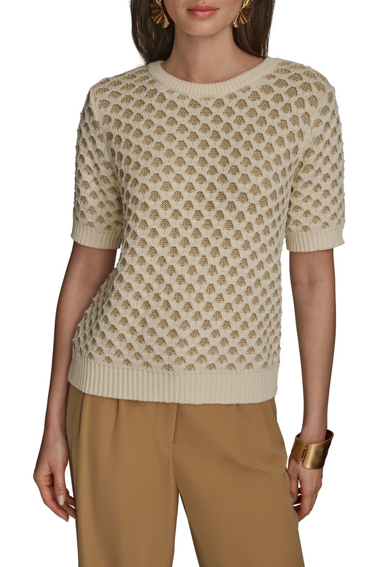 Honeycomb Short Sleeve Open Stitch Sweater, Main, color, GOLD/ CREAM