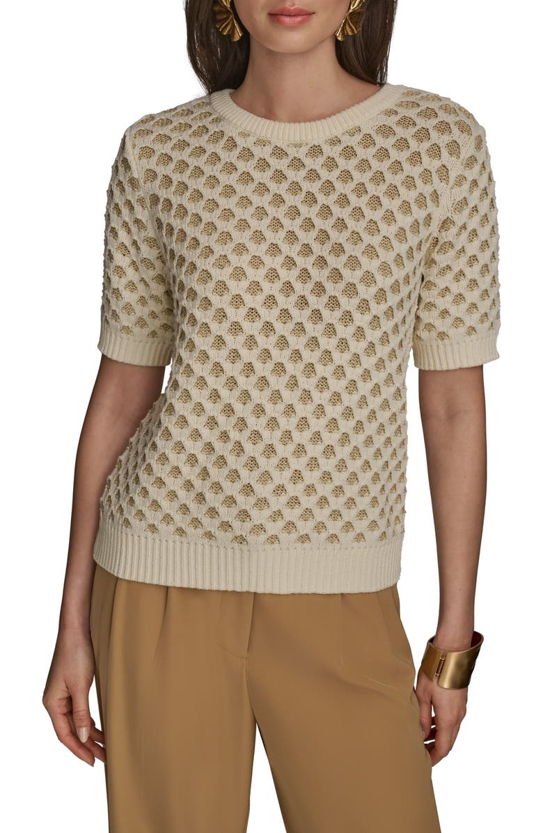 Donna Karan New York Honeycomb Short Sleeve Open Stitch Sweater, Main, color, Gold/ Cream
